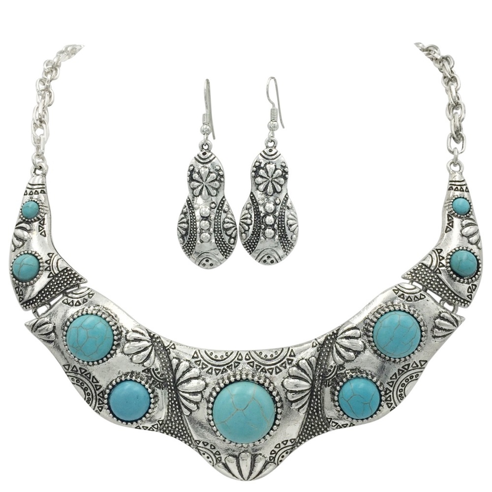 Turquoise Stone Dot Western Necklace Earrings Set - Picture 1 of 3